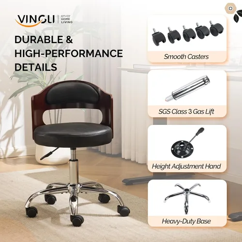 Vista 6 de VINGLI Silla de Escritorio de Oficina en Casa sin Brazos, Silla Giratoria Ajustable, de Doble Uso con/sin Ruedas, Pequeña Silla de Trabajo Curvada