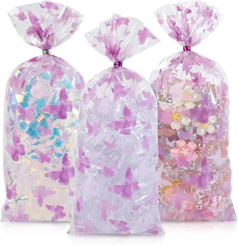 Vista 19 de 100 bolsas de celofán, bolsas de celofán transparente impresas con estrellas doradas de 3 x 5 pulgadas, 100 lazos giratorios, para envolver regalos