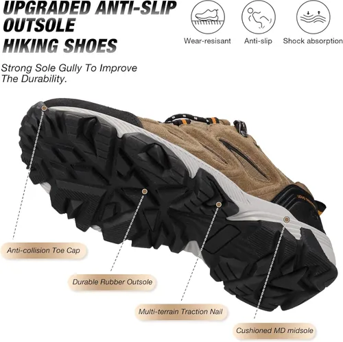 Vista 5 de UOVO Zapatos de senderismo impermeables para hombre, de gamuza de corte bajo, antideslizantes, duraderos, ligeros, transpirables, informales