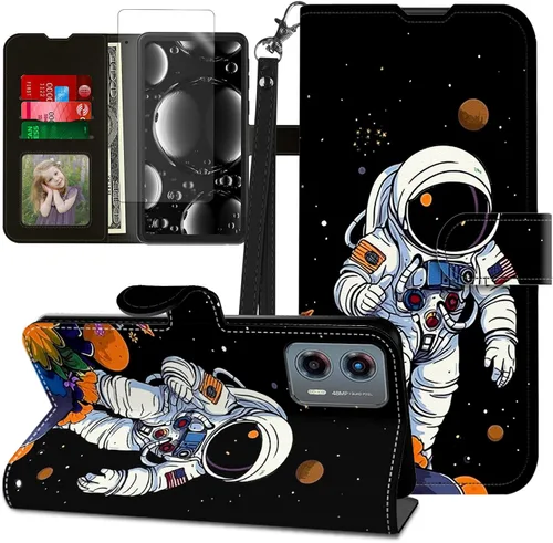 Vista 313 de Funda para Motorola Edge 2022 con protector de pantalla, soporte y tarjetero y correa para la muñeca, funda magnética para Moto Edge 2022 5G UW Lobo
