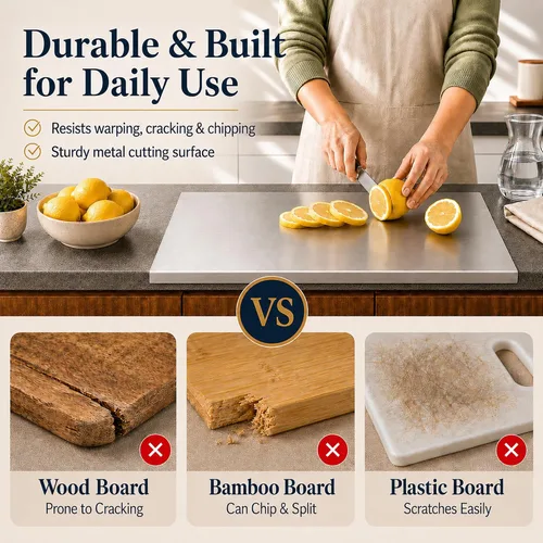Vista 4 de Tabla de cortar de acero inoxidable con labio, tabla de cortar de metal en forma de L para cocina, tabla de cortar grande para carne, frutas