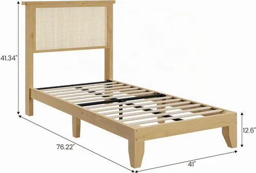 Vista 2 de coucheta Base de cama de ratán individual con cabecera de ratán natural, marco de cama individual con luces LED, cama con cabecero, patas de cama