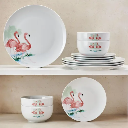 Vista 6 de Studio Nova Flamingo Haven Tropical juego de vajilla de 12 piezas, platos y cuencos, para 4 comensales
