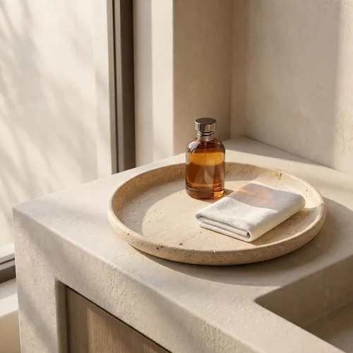 Vista 2 de YKAJO Beige Travertine Round Marble Tray, 10" Deep Dish Vanity Organizer