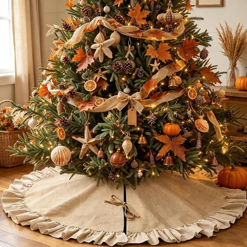 Vista 9 de Mini Falda de Arpillera para Árbol de Navidad con Borde con Volantes, Decoraciones para Árbol de Navidad Pequeño de 24 Pulgadas Ornamentos para Mesa