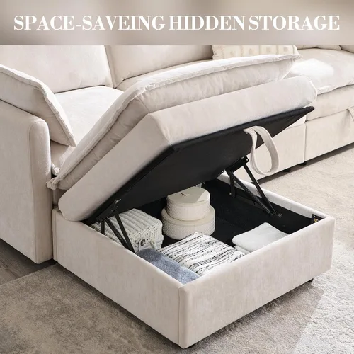 Vista 4 de Sofás modulares de nube seccionales de 85.83 pulgadas para sala de estar, sofá modular moderno con otomana de almacenamiento, sofá de nube de Beige