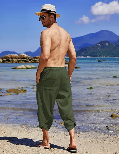 Vista 4 de COOFANDY Pantalones capri harén de lino para hombre, ligeros, sueltos, 34, con cordón elástico, cintura elástica, pantalones casuales para yoga