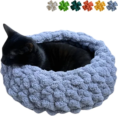 Vista 8 de Cama nido para gatos, tejida a mano, lavable, redonda, gatito cueva (blanco nube, L)