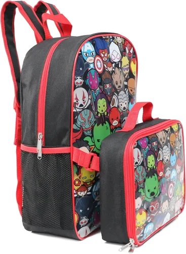 Vista 3 de Juego de lonchera Kawaii de 16 '' de Marvel Avengers de tamaño completo con mochila para libros, color negro/rojo
