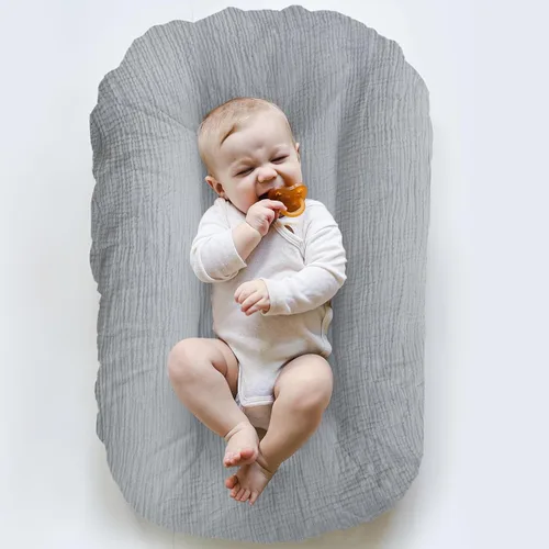 Vista 5 de Funda para tumbona de muselina orgánica ultrasuave, extraíble para bebés y niñas recién nacidos (gris y azul marino)
