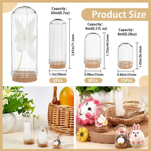 Vista 2 de CRASPIRE 25 piezas de cúpula de cristal de 3 tamaños, mini tarro de campana con base de corcho, cubierta de soporte de corcho, frasco decorativo