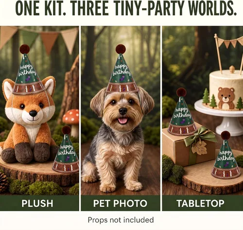 Vista 8 de Vesil Mini sombreros de fiesta para niños, 12 sombreros de cumpleaños de estilo de animales de peluche, decoración de mesa de bosque, tapas de Diy