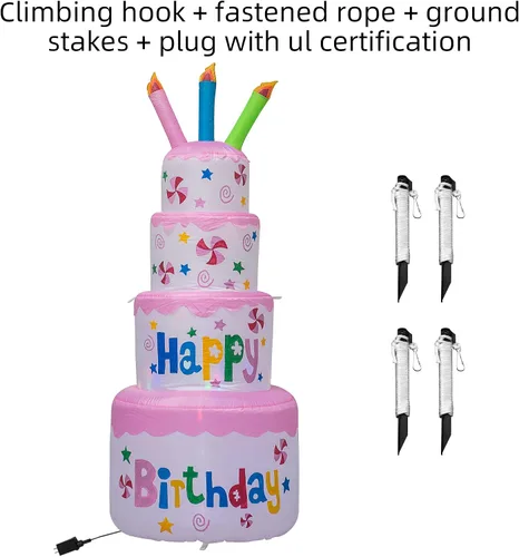 Vista 9 de AJY Pastel inflable de feliz cumpleaños de 6 pies con vela, decoración de césped para interiores y exteriores