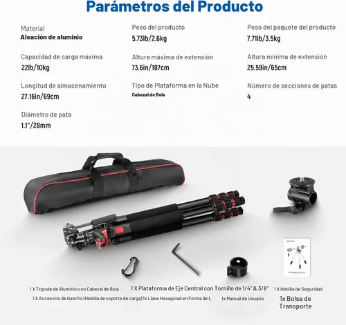 Vista 9 de NEEWER Trípode Horizontal de 73.6" con Columna Central Multiángulo, Cabezal Esférico y Plataforma de Eje Central, Trípode Monopie de Cámara