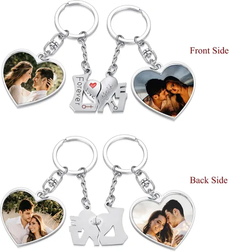 Vista 3 de PiercingJ Juego de 2 llaveros de fotos personalizados para él y ella grabado de doble cara colgante de imagen colorida para parejas llaveros