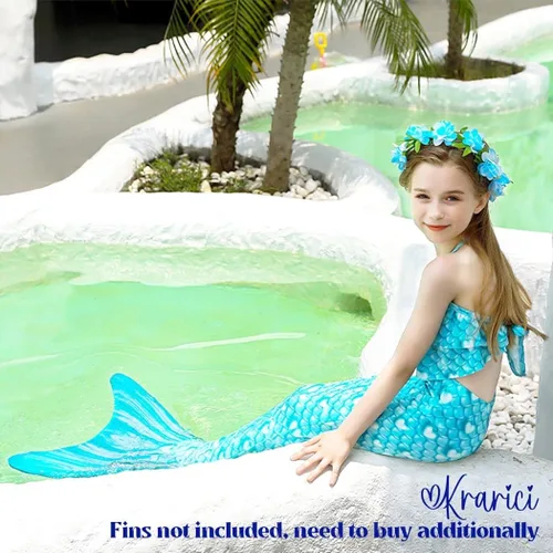 Vista 5 de Krarici Traje de baño de cola de sirena de 4 piezas traje de baño de cola de natación traje de cosplay para niñas y niños sin monoaleta