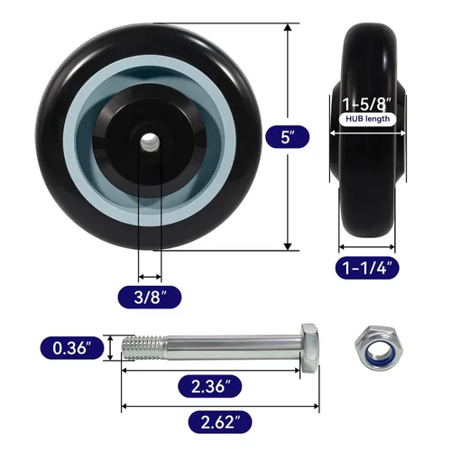 Vista 2 de Kit de Reemplazo de Rueda de Carrito de Compras de 5", Juego de 4 Ruedas Giratorias de Poliuretano, Ruedas con Eje de 3/8" de Diámetro