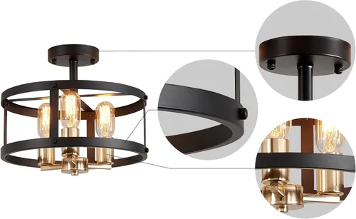 Vista 5 de AGV LIGHTING Lámpara de techo semiempotrada de granja, 3 luces cerca del techo, acabado dorado brillante y negro mate