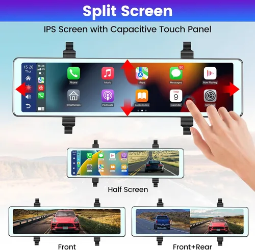 Vista 6 de NHOPEEW Cámara de espejo retrovisor de 11.26 pulgadas con Carplay y Android Auto - Espejo Dash Cam frontal y trasera - Transmisor