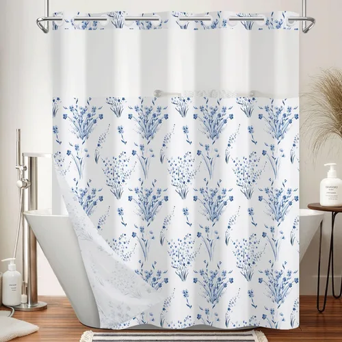 Vista 19 de No Hook Geometric Shower Curtain with Snap in Liner - 71″W x 74″L Waterproof Fabric with Mesh Top Window, Modern Abstract Triangle Design Bath