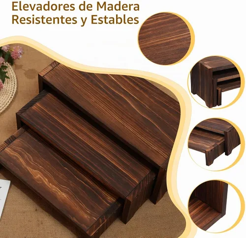 Vista 2 de Soporte de madera para cupcakes de 3 niveles y elevadores de exhibición, para postres de comida y más, resistente y reutilizable Marrón