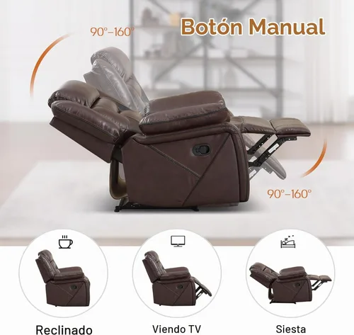 Vista 4 de Sofá reclinable manual de cuero sintético, sofá reclinable de 3 plazas, sofá cama para sala de estar, muebles, sala de reuniones, marrón oscuro
