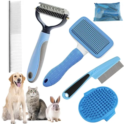 Vista 11 de Kit de Aseo para Baño con Cepillo de Pelo, Toalla y Guantes de Limpieza - Cepillo Slicker 6-en-1 para Perros y Gatos que Sueltan Pelo, Azul
