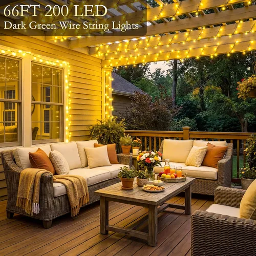Vista 2 de Guirnalda de 200 luces LED de color blanco cálido de 66 pies, cable verde oscuro, 8 modos de temporizador, IP44, impermeable, para interiores