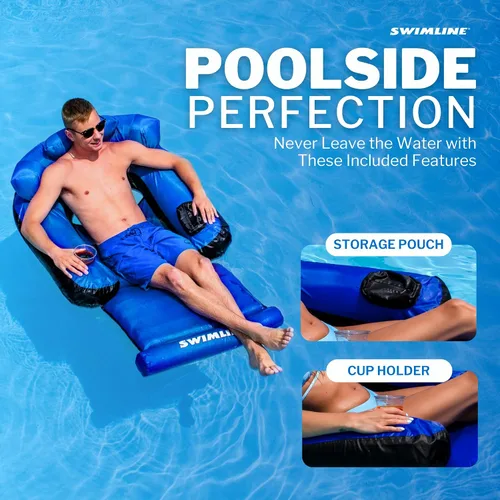 Vista 5 de Swimline ORIGINAL - Colchoneta cubierta de tela para piscina, balsa flotante definitiva para adultos y niños Respaldo, reposabrazos y reposapiés
