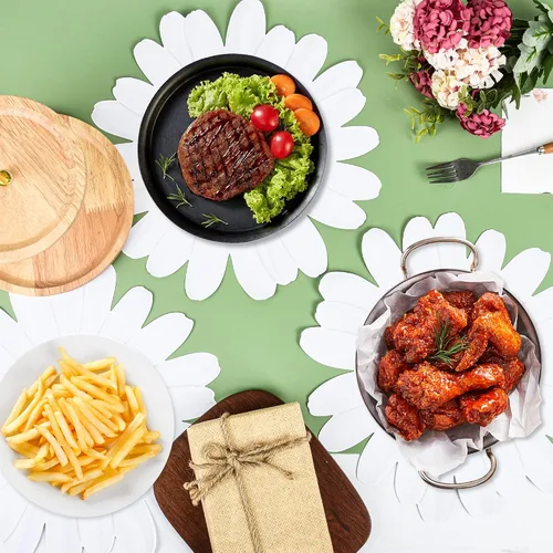 Vista 4 de 50 manteles individuales de papel desechables con diseño floral de margaritas con recortes en forma de flor