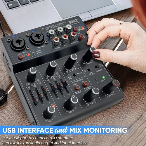 Vista 7 de Mezclador de audio inalámbrico profesional Pyle DJ - Mezclador de sonido con controlador Bluetooth de 4 canales, interfaz de audio USB, 2 entradas