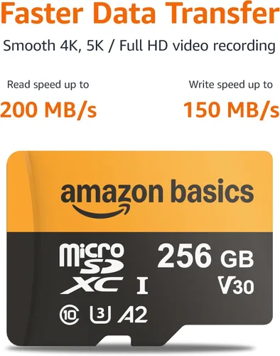 Vista 2 de Amazon Basics Tarjeta microSDXC de 256 GB con adaptador, velocidad de lectura de hasta 200 MB/s, paquete de 1