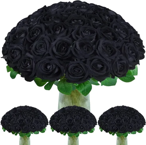 Vista 12 de 50 flores artificiales de rosas negras, ramo de rosas falsas de terciopelo
