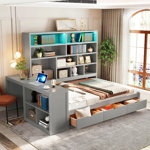 Vista 10 de KLMM Sofá cama de madera de tamaño completo con escritorio, estantes y Blanco/L