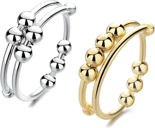 Vista 5 de Anillos giratorios ajustables de plata, anillo para aliviar la ansiedad, anillos de cuentas antipreocupaciones, regalo para mujeres, hombres y niñas