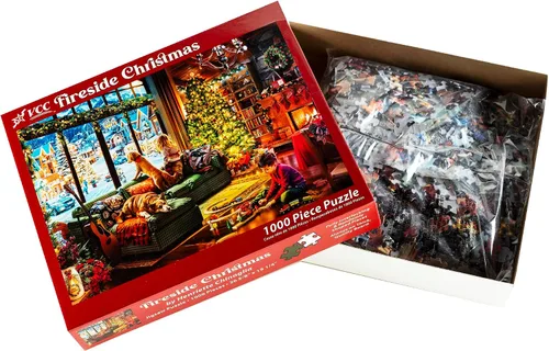 Vista 4 de Rompecabezas de Navidad junto a la chimenea de 1000 piezas de Vermont Christmas Company - Rompecabezas de arte navideño vintage con piezas