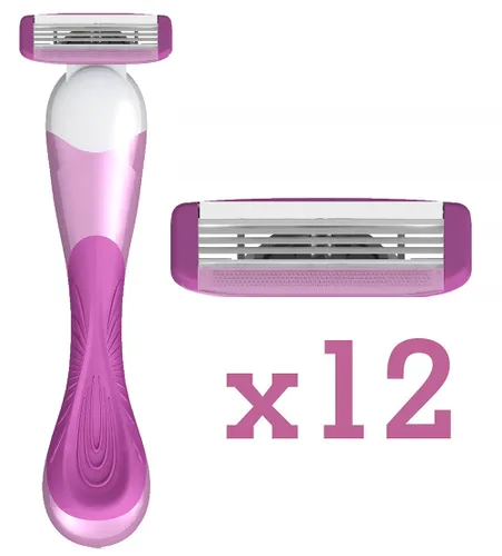 Vista 2 de ShaveMOB Kit de maquinilla de afeitar de 3 cuchillas para mujer (mango de cabeza flexible + 12 recambios) - El práctico kit de afeitado