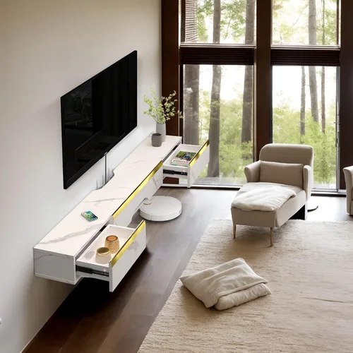 Vista 4 de Pmnianhua Estante Flotante de TV con Cajones, Consola de TV Montada en Pared de 59'', Estante de Medios de Entretenimiento con 2 Cajones y 1 Puerta