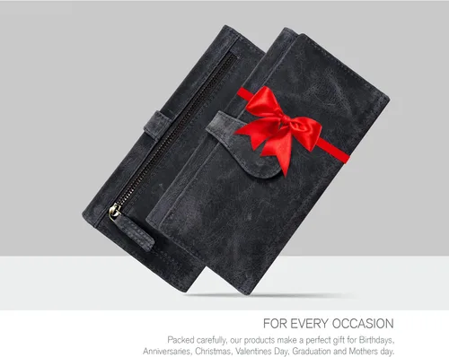Vista 6 de Cartera de piel auténtica para mujer con bloqueo RFID, tarjetero triple para mujer, con ventana de identificación