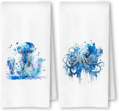 Vista 14 de Toallas de mano de playa costera con diseño de medusa, pulpo, caballito de mar y tortuga para baño, juego de 4, toallas de cocina de playa costera