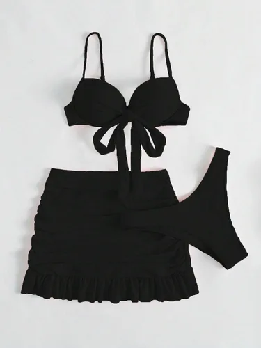 Vista 5 de WDIRARA Traje de baño de 3 piezas para mujer con nudo frontal y falda de playa con dobladillo fruncido