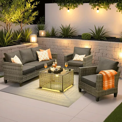 Vista 8 de ovios Juego de muebles de patio de 4 piezas con sofá de exterior, luces solares, mesa, cojines cómodos, sofá de conversación de mimbre de ratán