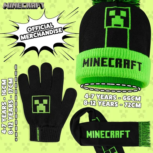 Vista 6 de Minecraft Cold Weather Set - Creeper Beanie Hat Scarf and Gloves Set Kids Winter Set