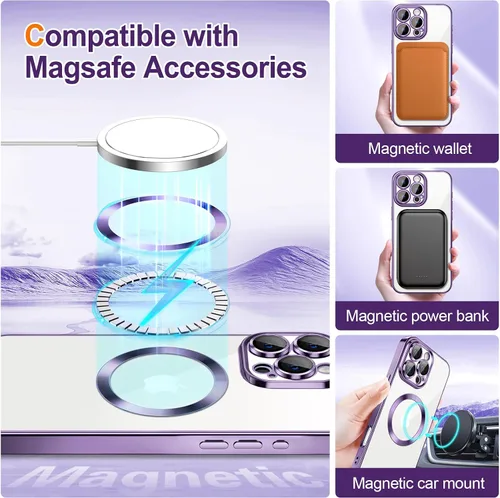 Vista 24 de Hython para iPhone 15 Plus Funda con chispas brillantes, Fundas transparentes magnéticas con protector de lente de cámara [Compatible con MagSafe]