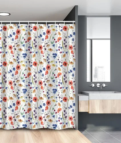Vista 33 de set de cortina para baño decorativa de tela de poliéster con ganchos