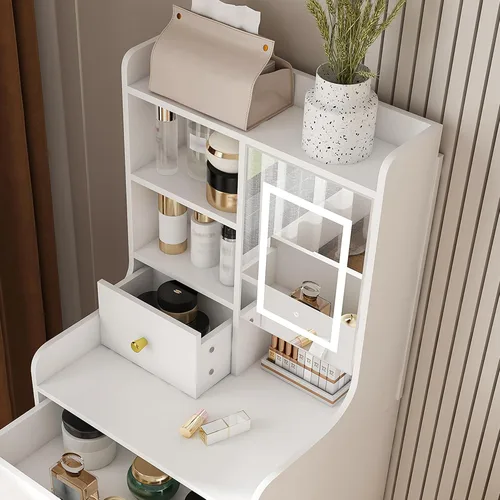 Vista 8 de Runboll - Mesa de Tocador Compacta con Taburete de Almacenamiento y Espejo Iluminado Ajustable, Escritorio de Maquillaje Pequeño 3-en-1 con 4