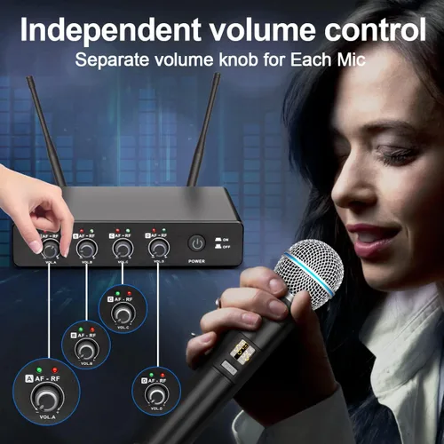 Vista 5 de Depusheng R4 - Micrófonos inalámbricos para karaoke profesional, 4 canales, sistema de micrófono inalámbrico de mano, micrófono dinámico de metal