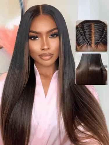 Vista 2 de Nadula - Peluca Yaki de encaje frontal lacio color castaño ombre con cabello humano 13x4 HD, pre arrancada, sin pegamento, con cordón elástico