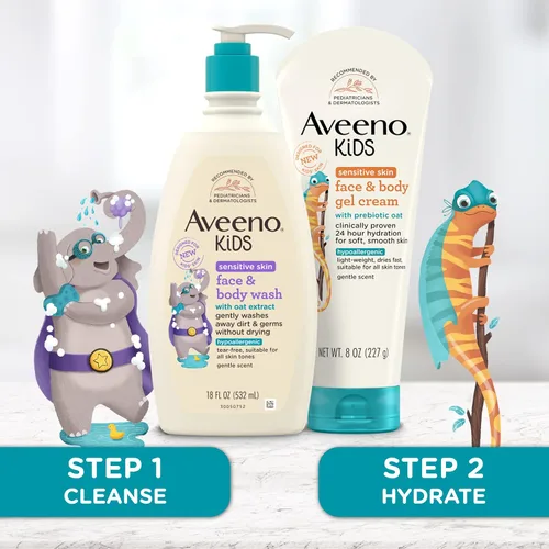 Vista 2 de Aveeno Kids Lavado Facial y Corporal para Piel Sensible con Extracto de Avena, 18 fl. oz con Crema en Gel Facial y Corporal Aveeno para Piel