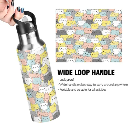 Vista 4 de BPA-Free Sports Water Bottle 20 Oz, Insulated Stainless Steel Water Bottle with Straw for Gym Outdoor Travel School, Cute Cats Colorful